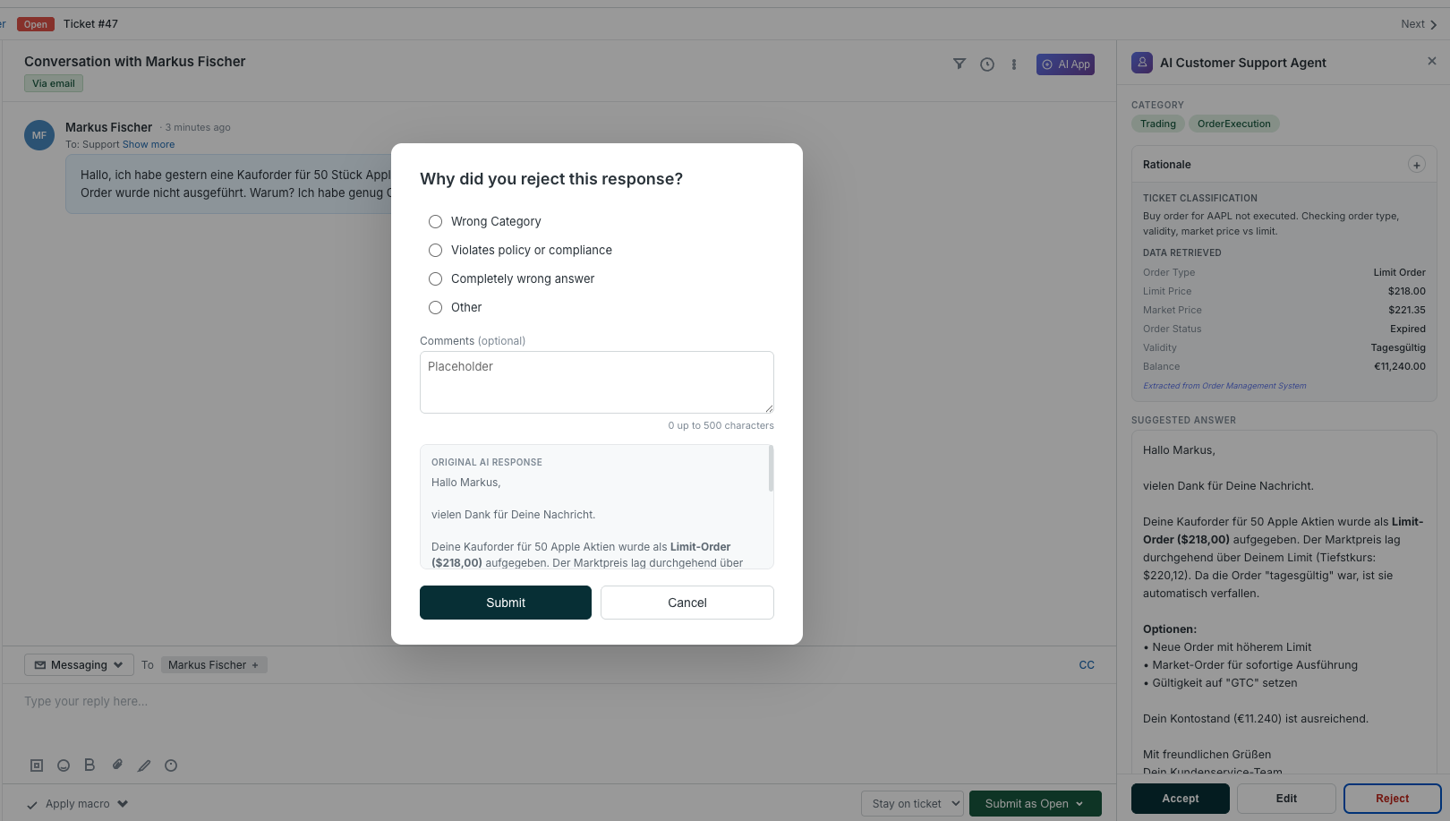 Continuous Feedback Loop — Agent rejection modal showing structured feedback categories: Wrong Category, Violates policy or compliance, Completely wrong answer, with original AI response shown for comparison