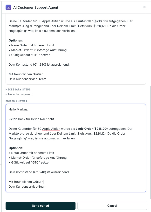 Multi-System Context Retrieval — AI Customer Support Agent panel showing retrieved order data from backend systems including limit price, market price, order status and balance