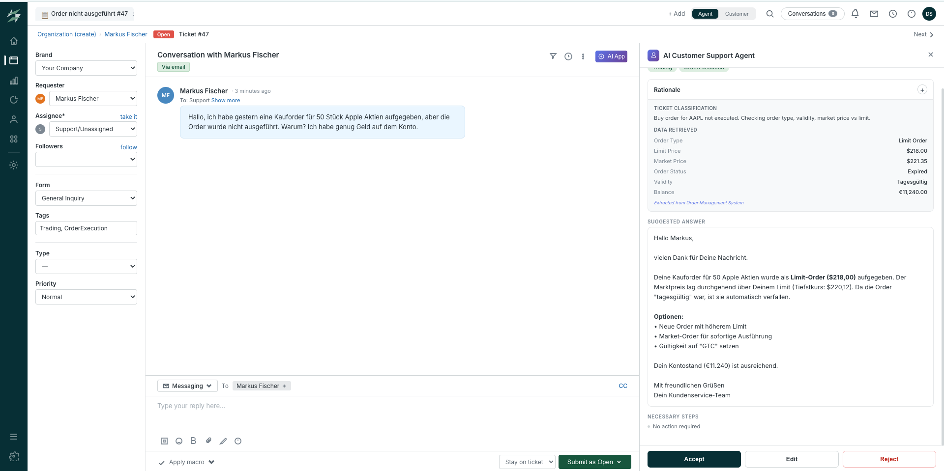 Ticket Ingestion & Intent Detection — Zendesk ticket view with AI classification panel showing ticket category, tags, and data retrieval