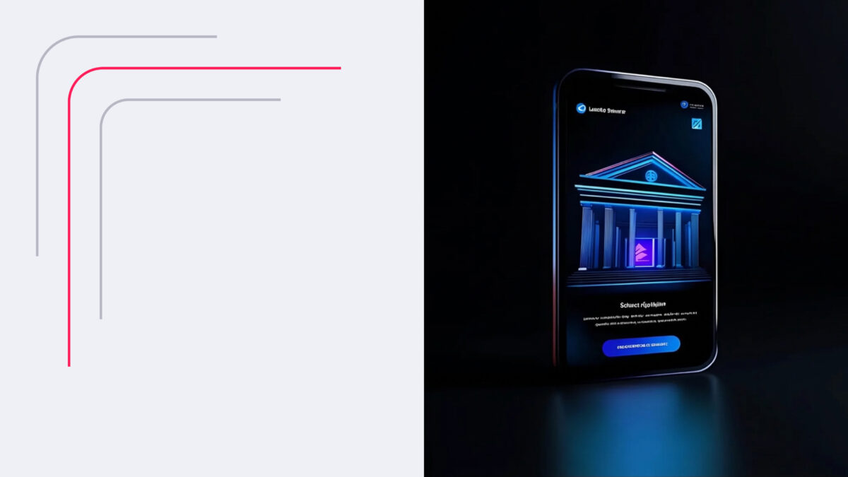 Smartphone displaying digital banking app with neon theme, set in a dark ambiance.