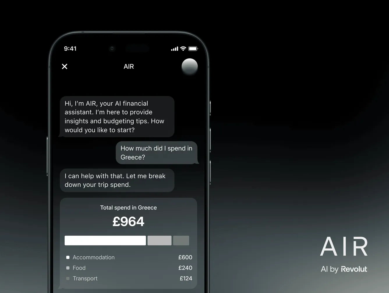 Smartphone displaying AI financial assistant chat and Greece trip expense breakdown by Revolut AI.