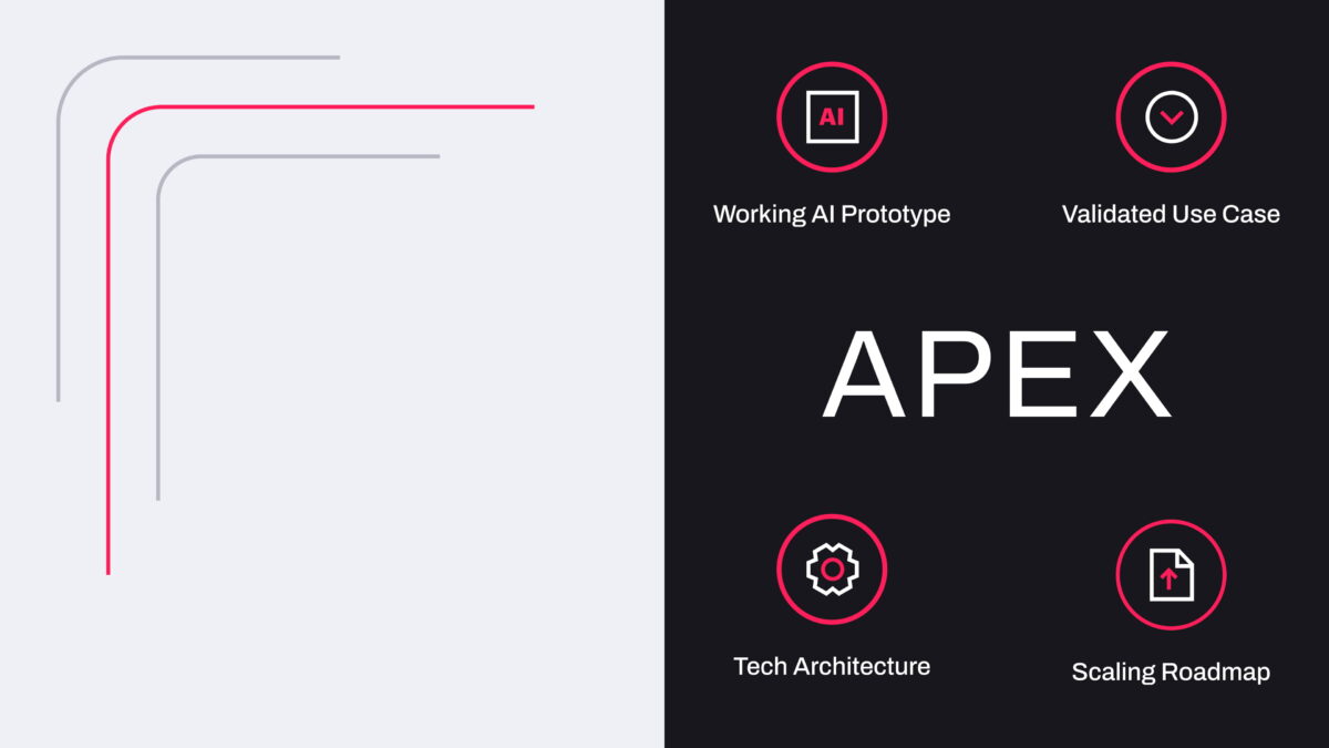 APEX project highlights: AI Prototype, Validated Use Case, Tech Architecture, and Scaling Roadmap.