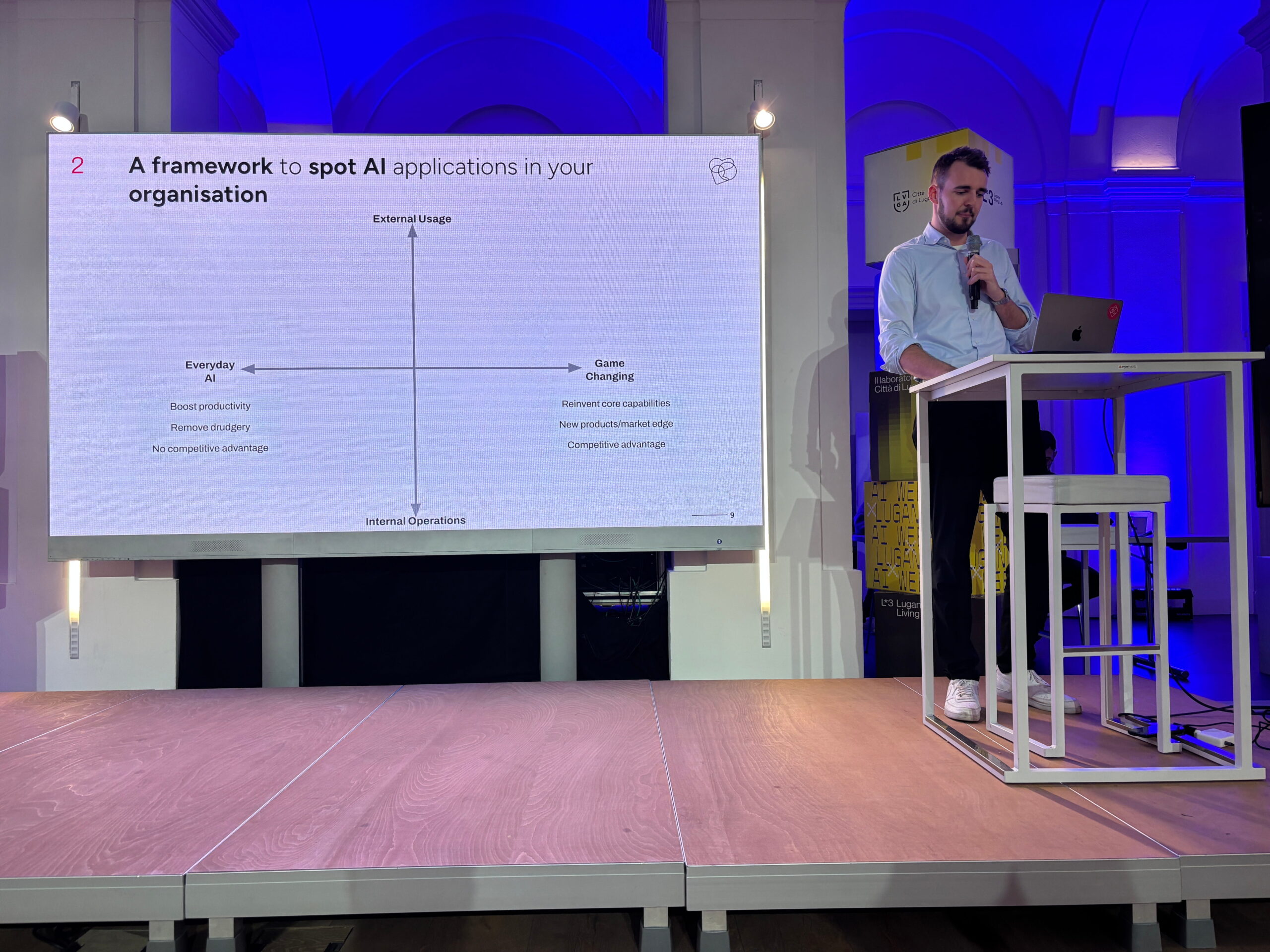 Person presenting on AI applications framework at a conference, standing beside a screen with a graph.