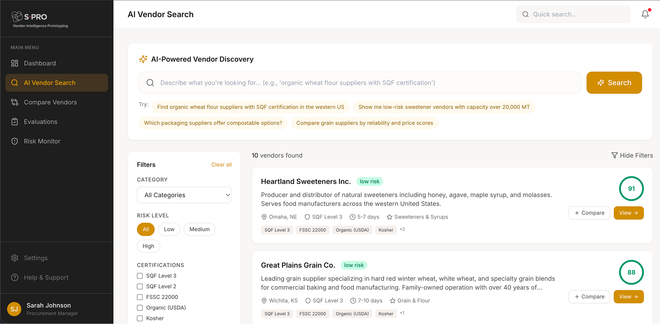 AI Vendor Search dashboard displaying supplier options and filters for procurement management.