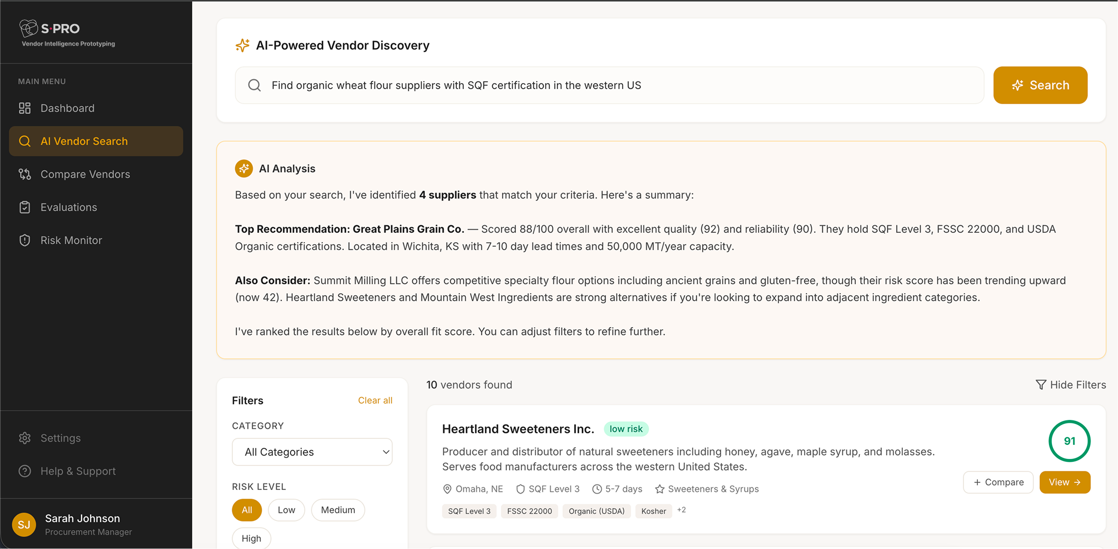 AI-powered tool for finding organic wheat flour suppliers with SQF certification in the western US.