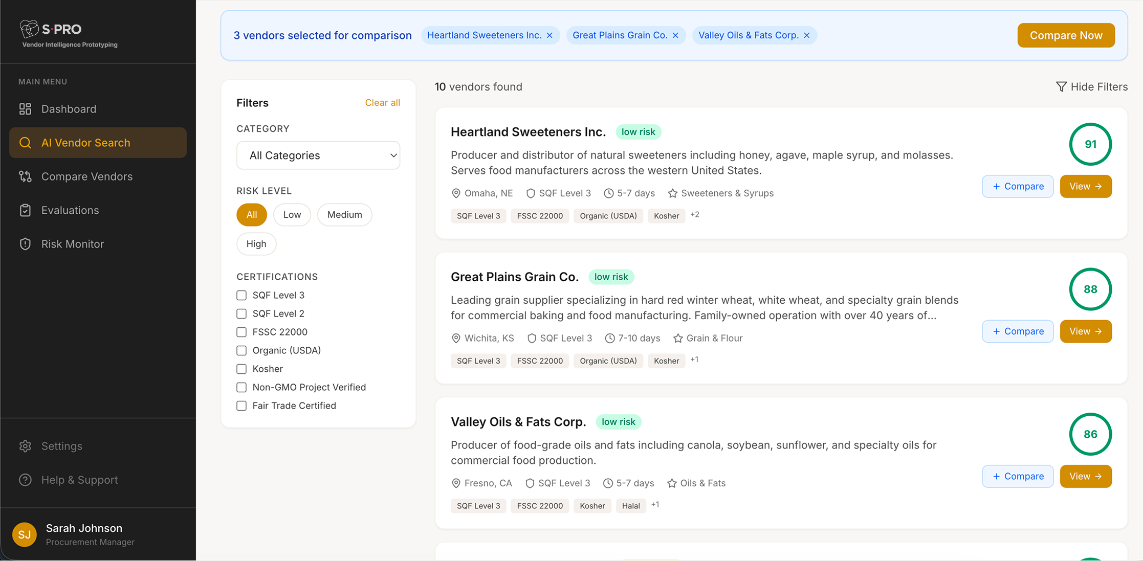 Vendor comparison dashboard showing risk levels and certifications for food suppliers.