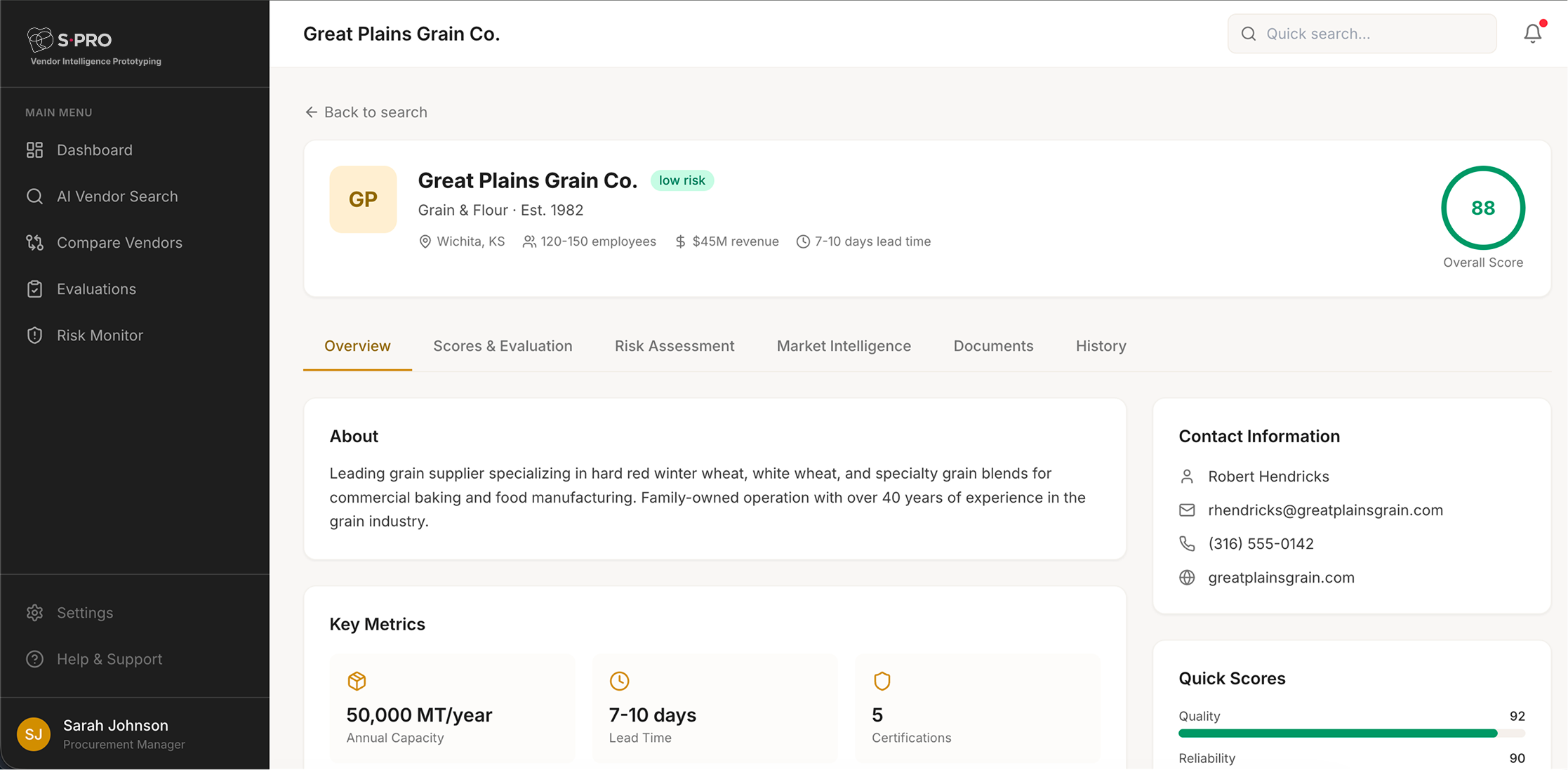 Vendor dashboard of Great Plains Grain Co., with metrics, contact info, and evaluation scores.