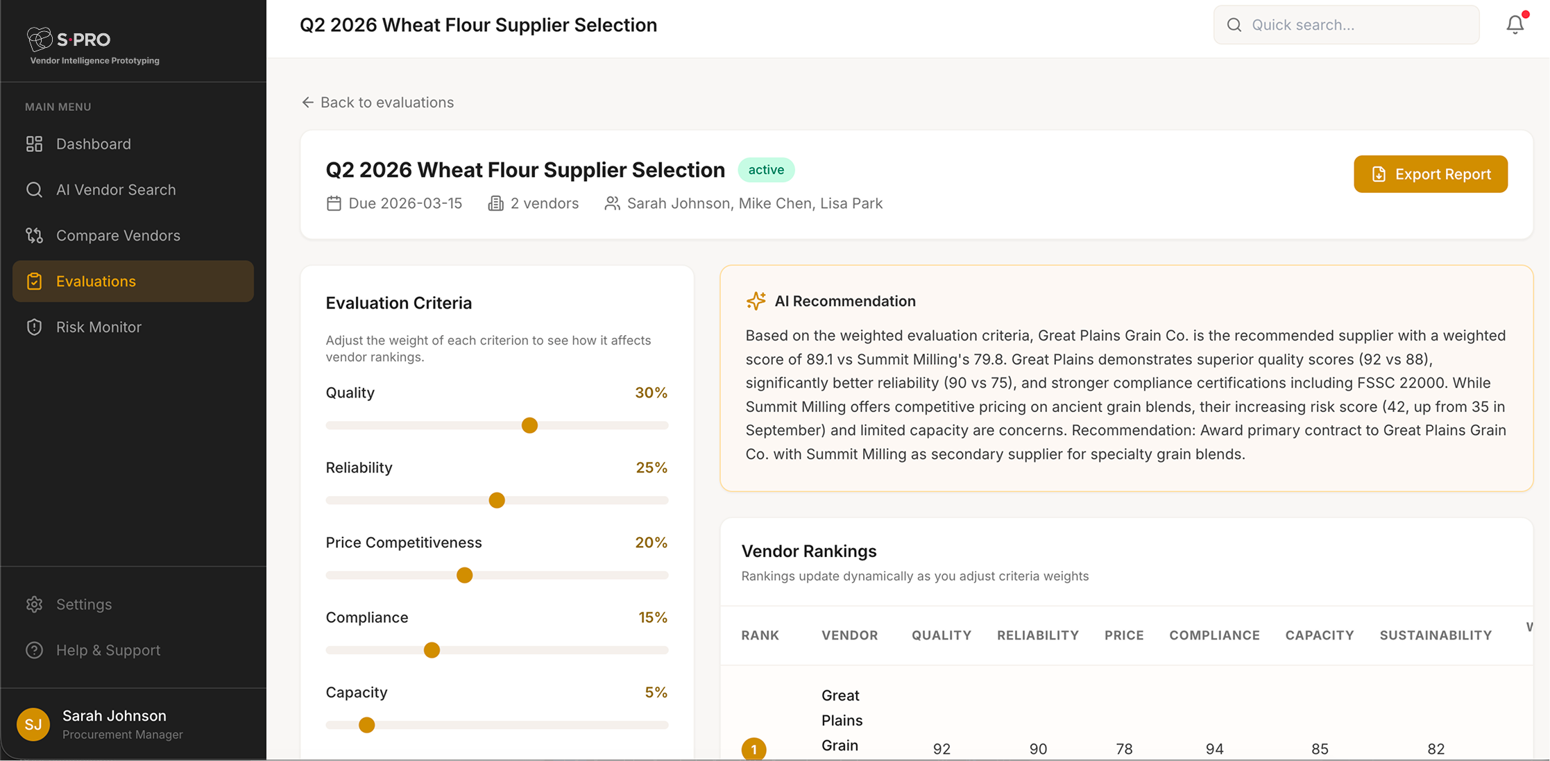 Dashboard showing Q2 2026 wheat flour supplier evaluation criteria and AI recommendations.