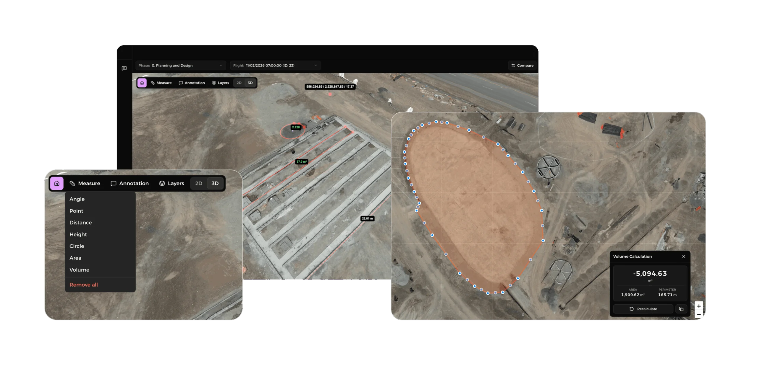 Aerial view of construction site with measurement overlay showing area, perimeter, and excavation details.