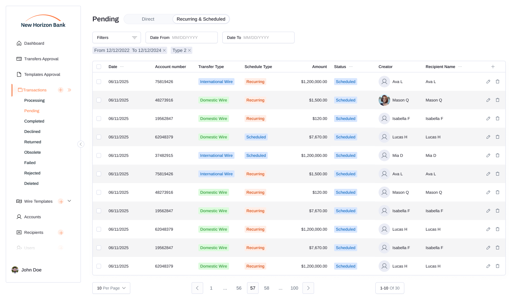 Bank transaction dashboard showing pending wire transfers and scheduling details.