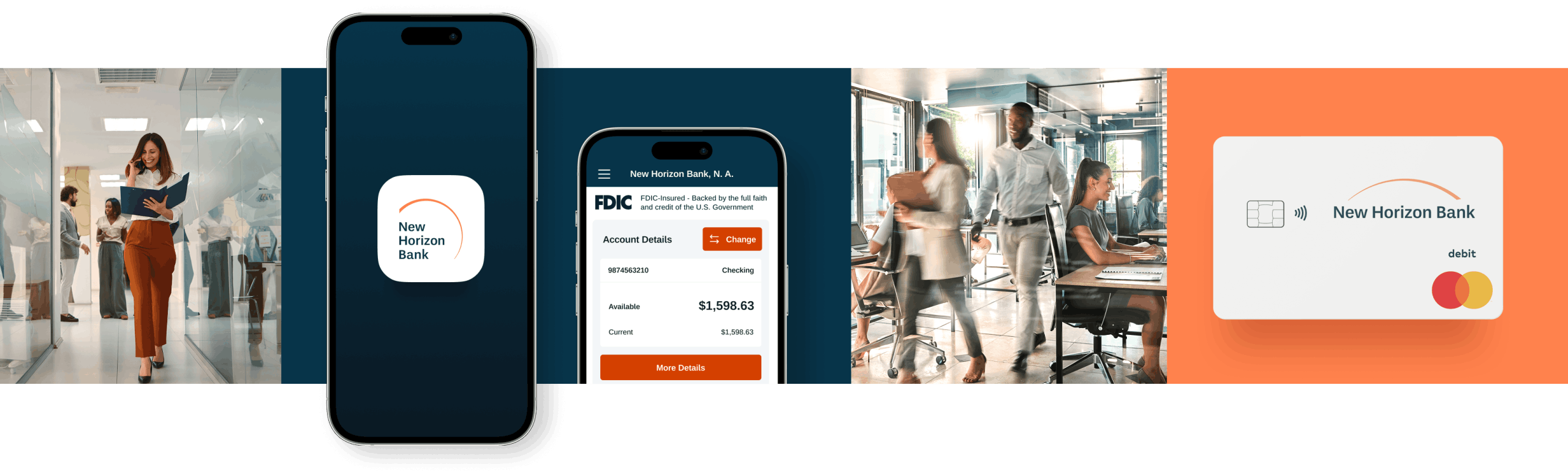 New Horizon Bank app and debit card, modern office setting, business professionals collaborating.