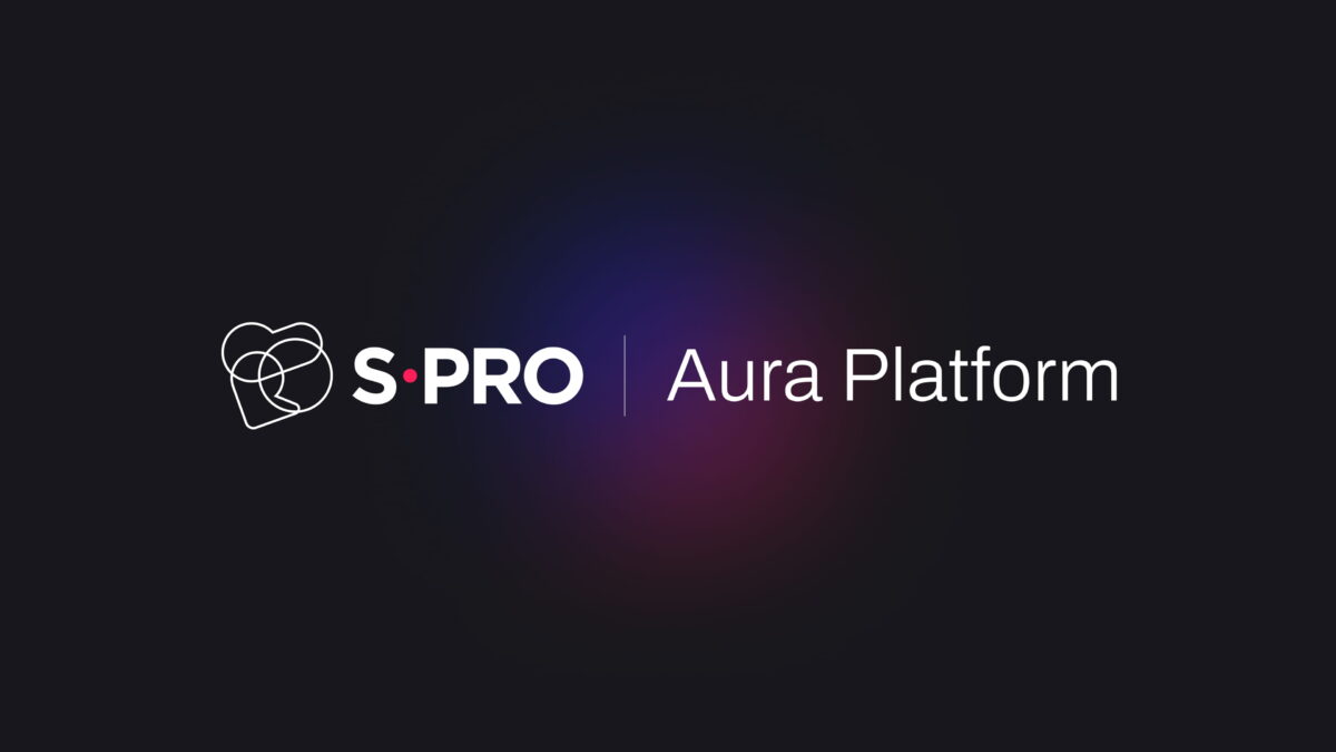 S-PRO Aura Platform logo with abstract design on a dark background, emphasizing technology and innovation.