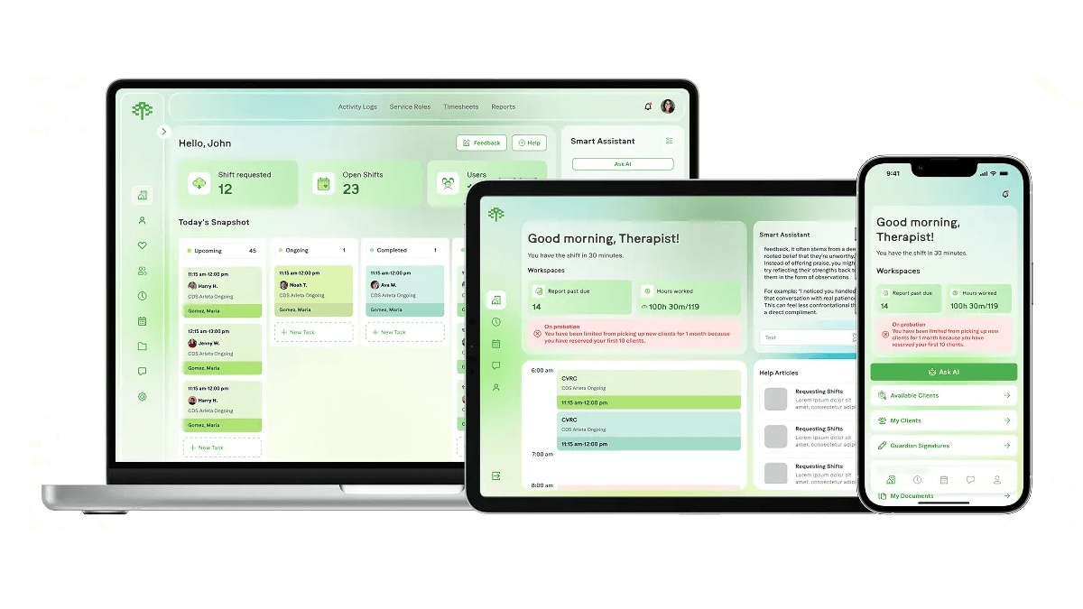 Therapy management app displayed on laptop, tablet, and smartphone screens with scheduling features.