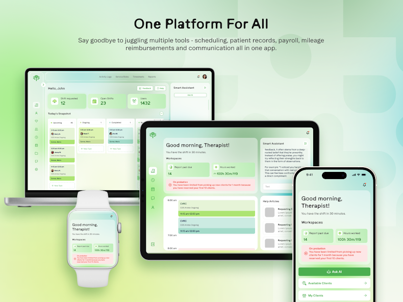 Productivity app interface on laptop, tablet, phone, and watch for scheduling, records, payroll, and communication.