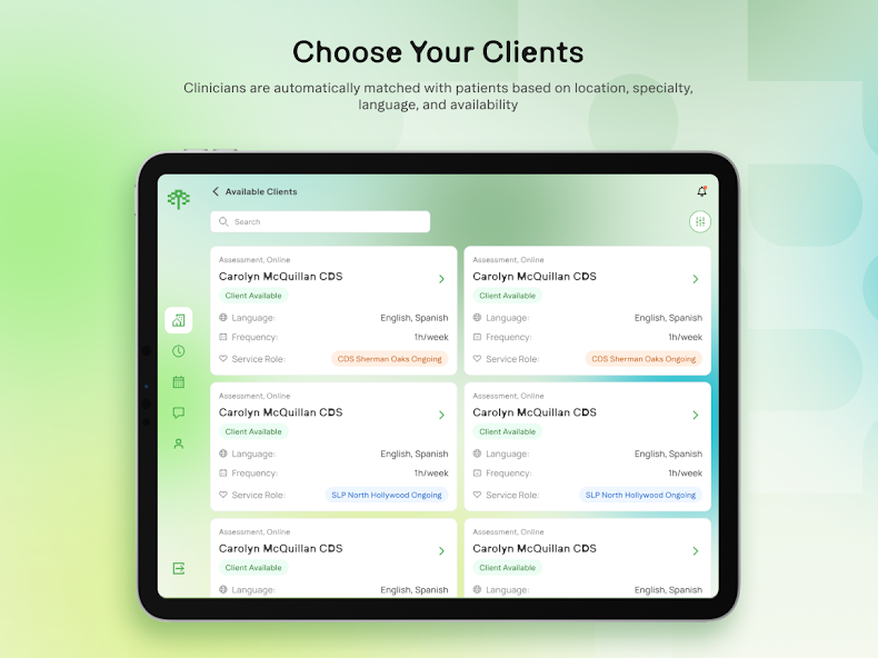 Tablet screen displaying client matching app for clinicians, showing language, availability, and service role options.