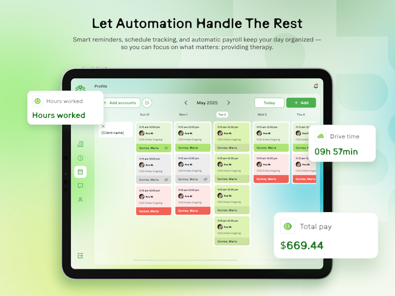 Tablet displaying a scheduling app for therapists with hours worked and total pay highlighted.
