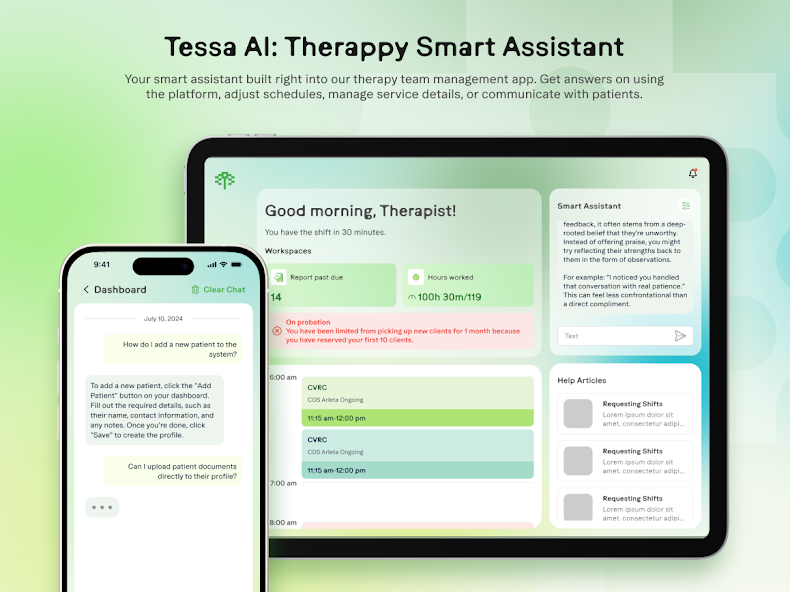 Tessa AI: Therapy app showing therapist dashboard with schedules and smart assistant features on phone and tablet.