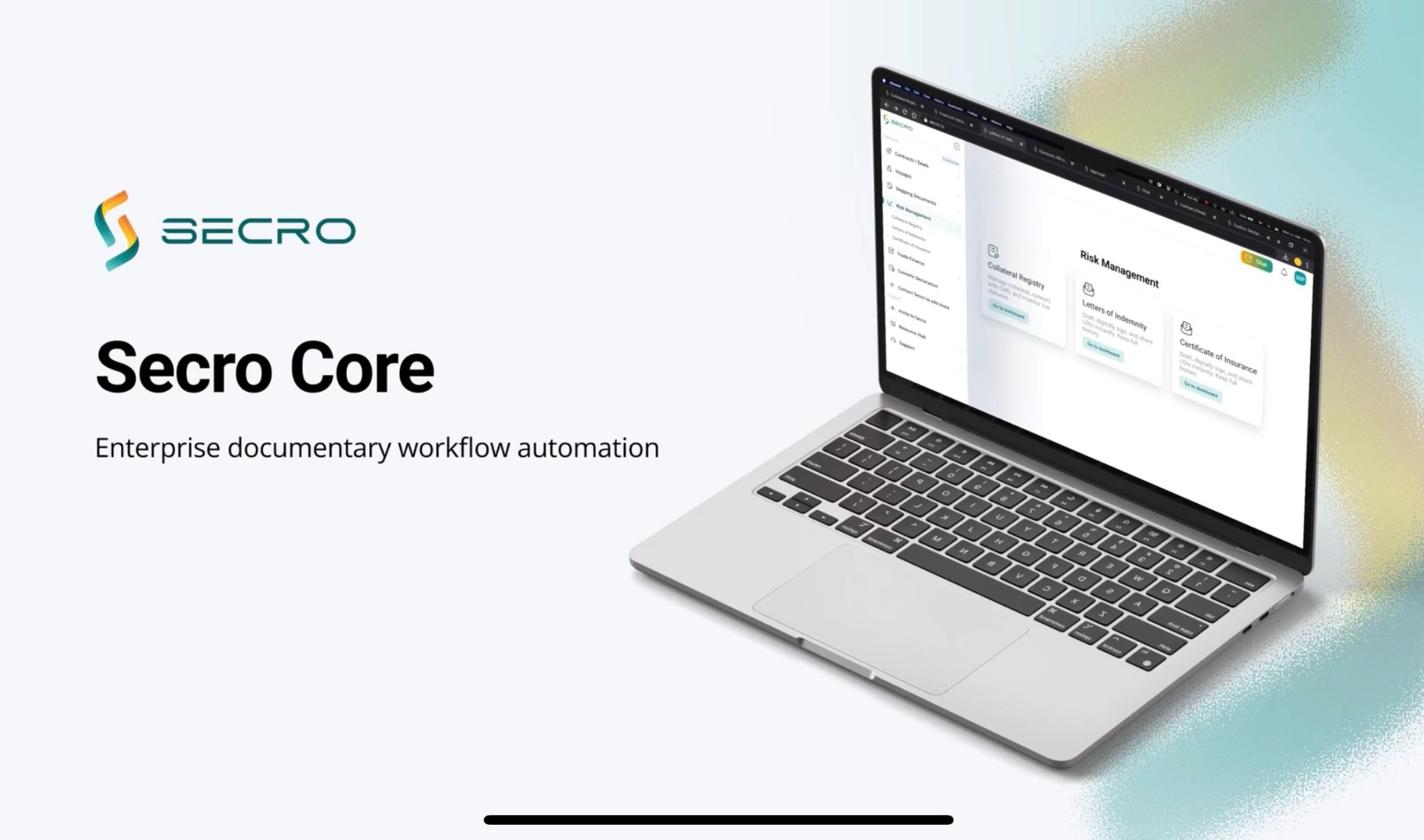 Secro Core workflow automation software displayed on a laptop screen for enterprise document management.