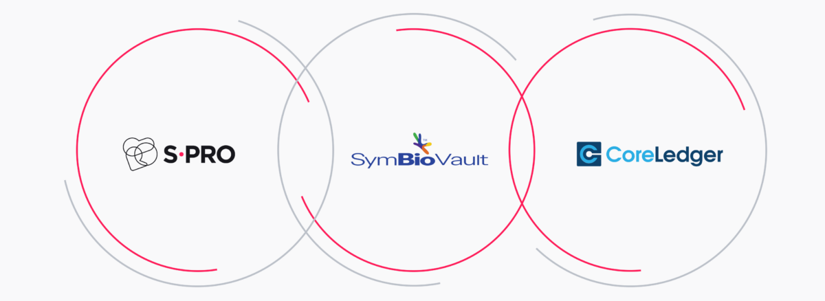 Logos of S-PRO, SymBioVault, and CoreLedger in overlapping circles.