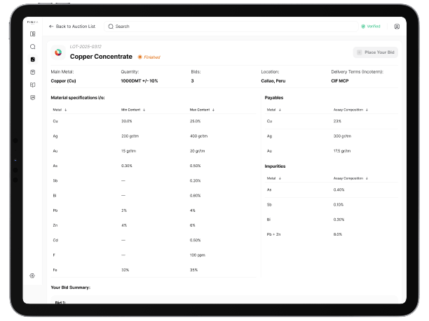 Copper concentrate auction details on tablet screen, including location, bids, and material specifications.