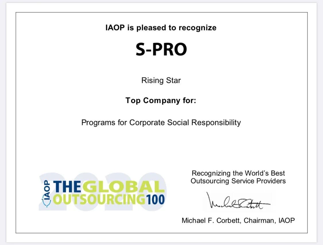 S-PRO is listed in TOP-100 Companies with Programs for Corporate Social Responsibility by IAOP. - photo 2