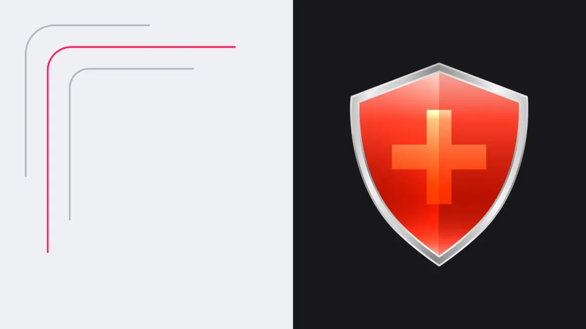 Red shield with cross symbol on black background, emphasizing security and protection.