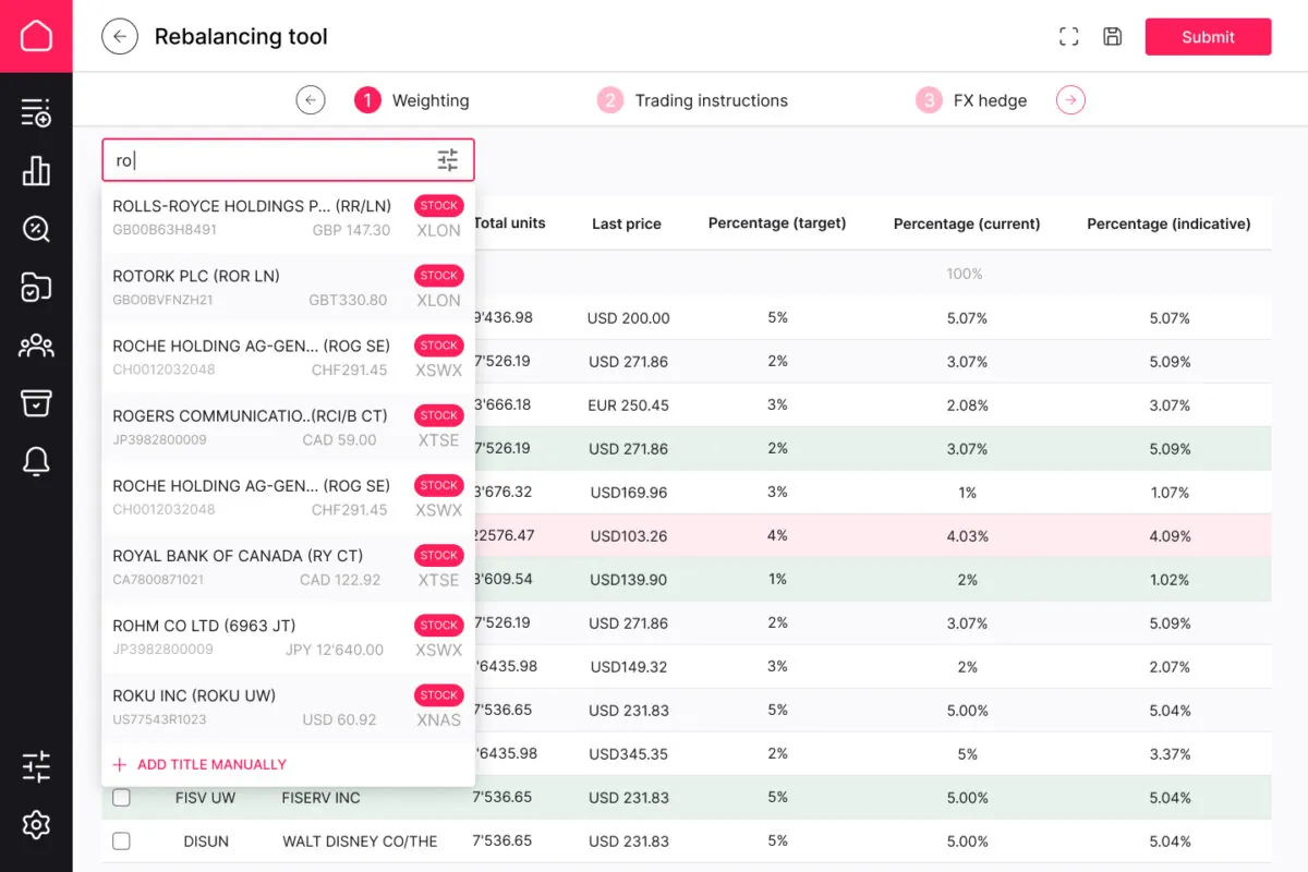 Rebalancing tool in asset management software