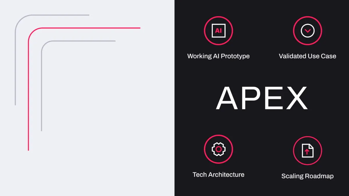 APEX project highlights: AI Prototype, Validated Use Case, Tech Architecture, and Scaling Roadmap.
