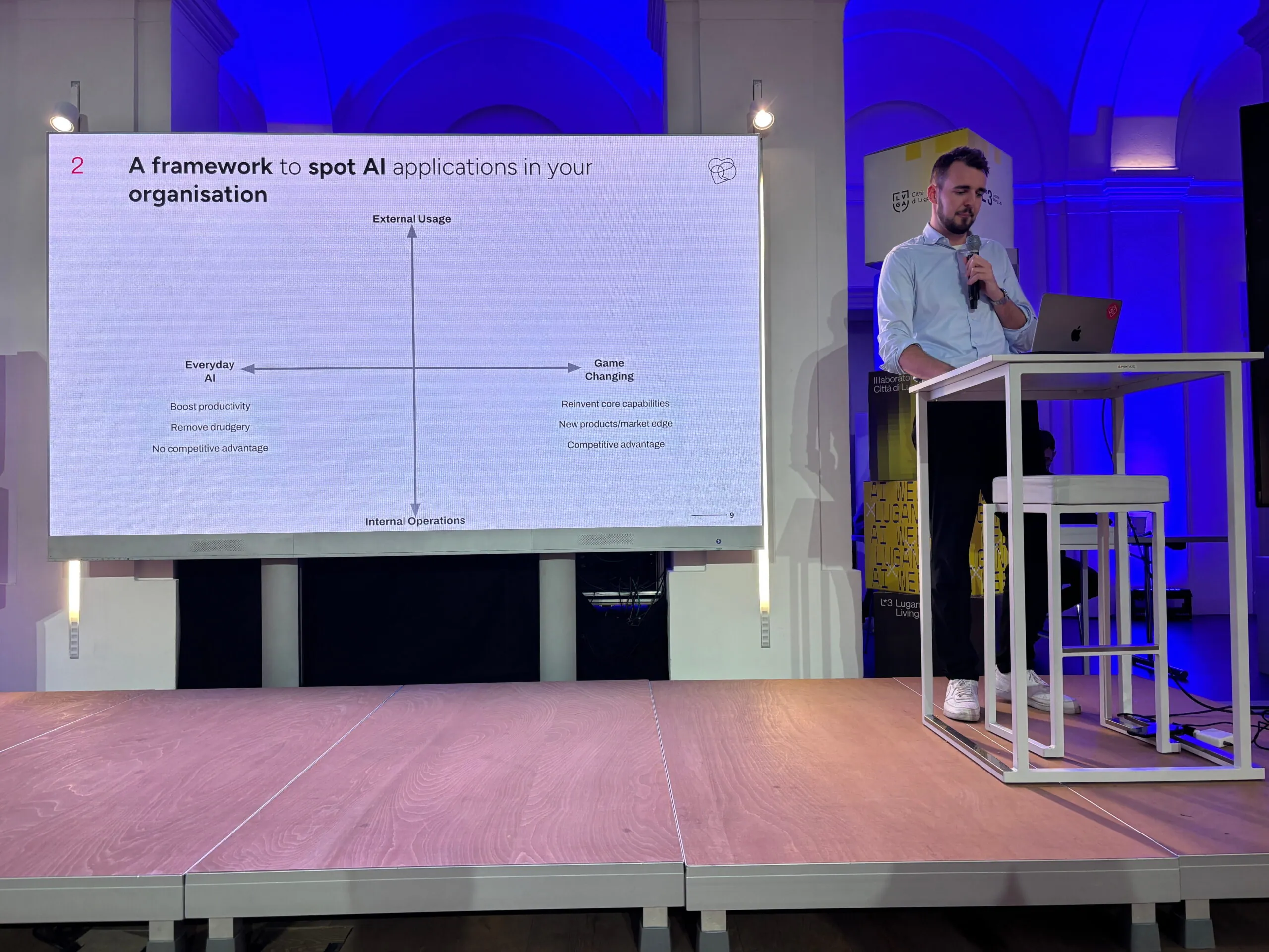 Person presenting on AI applications framework at a conference, standing beside a screen with a graph.