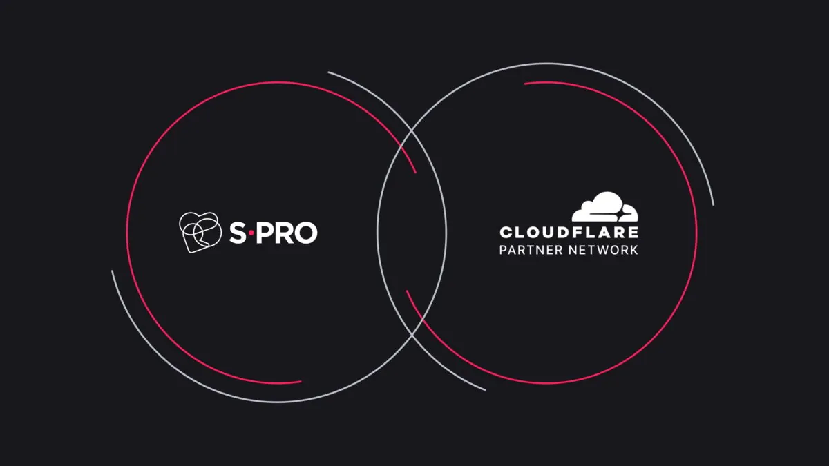 S-PRO and Cloudflare partnership logo, showcasing collaboration within a connected circular design.