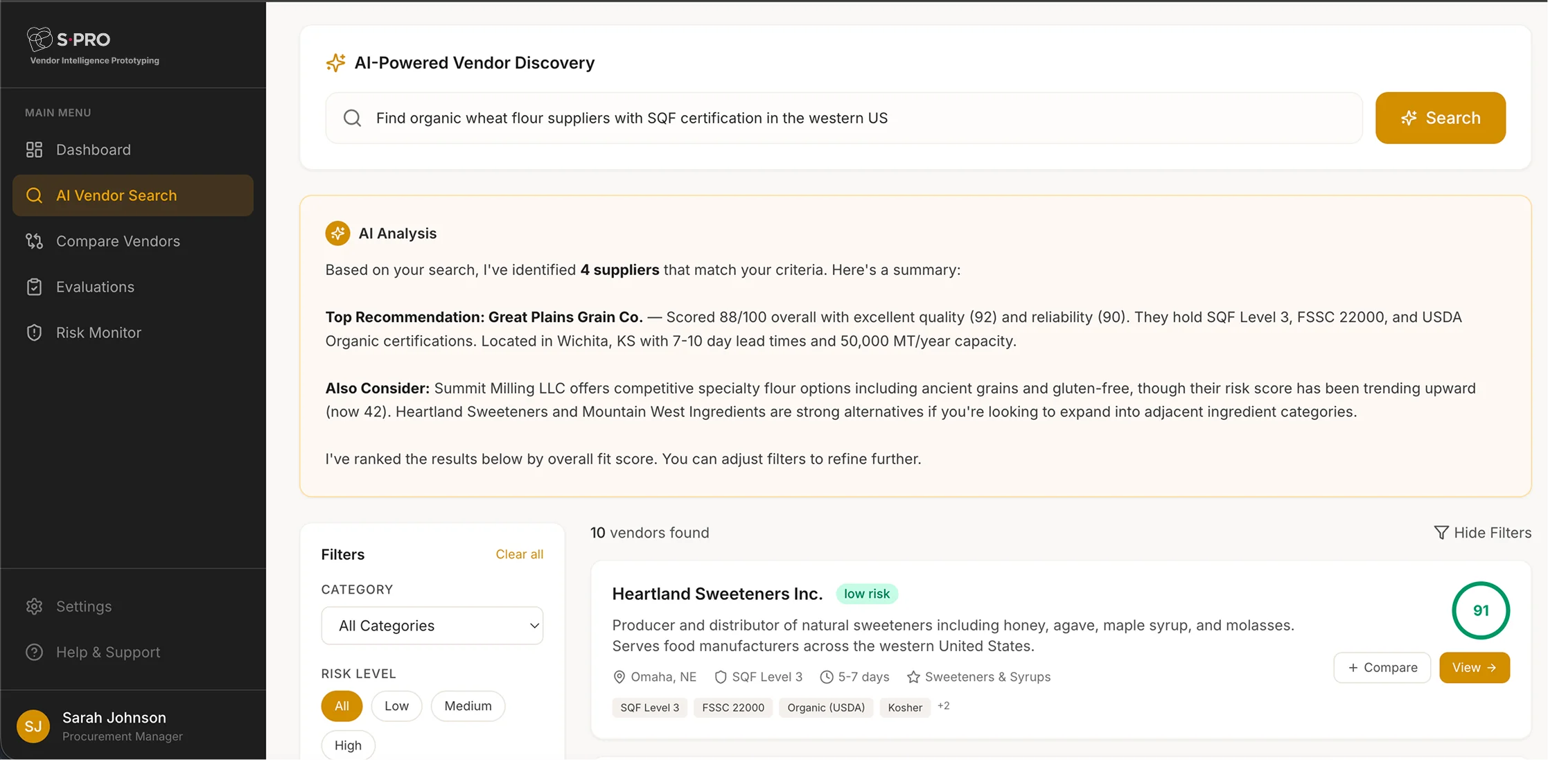 AI-powered tool for finding organic wheat flour suppliers with SQF certification in the western US.