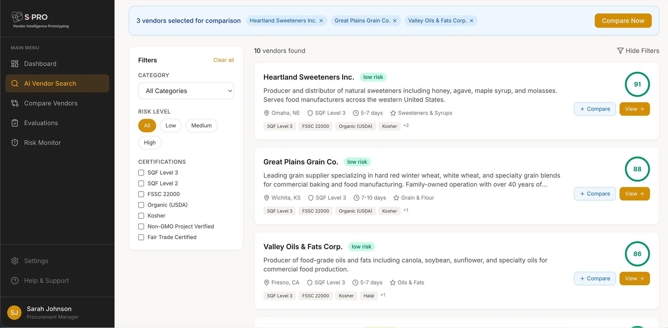 Vendor comparison dashboard showing risk levels and certifications for food suppliers.
