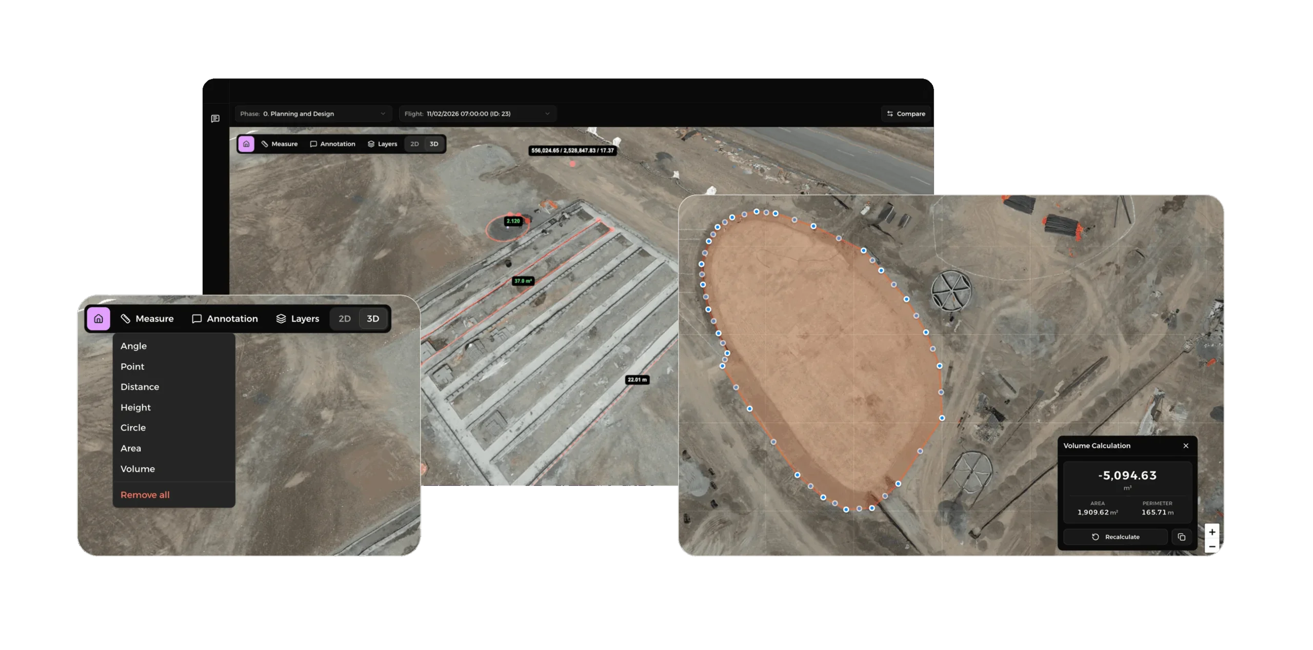 Aerial view of construction site with measurement overlay showing area, perimeter, and excavation details.