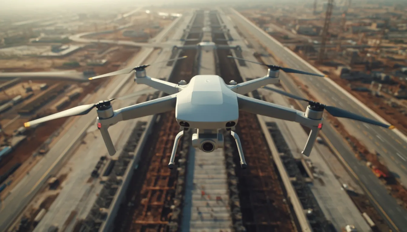 Drone flying over construction site with roads, showcasing aerial inspection technology.