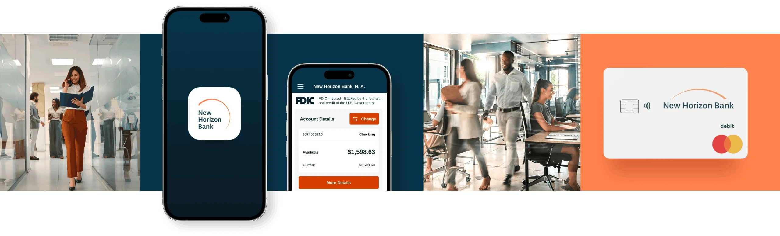 New Horizon Bank app and debit card, modern office setting, business professionals collaborating.