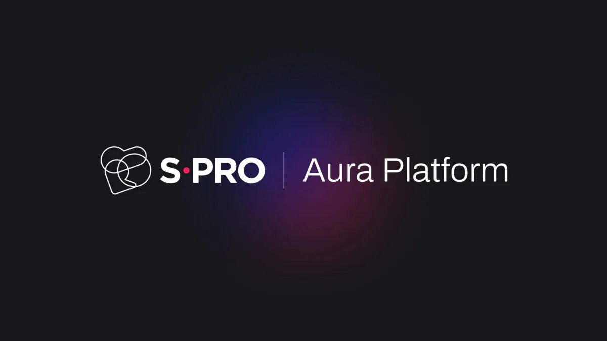 S-PRO Aura Platform logo with abstract design on a dark background, emphasizing technology and innovation.