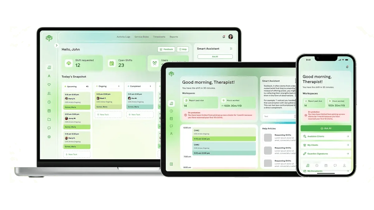 Therapy management app displayed on laptop, tablet, and smartphone screens with scheduling features.