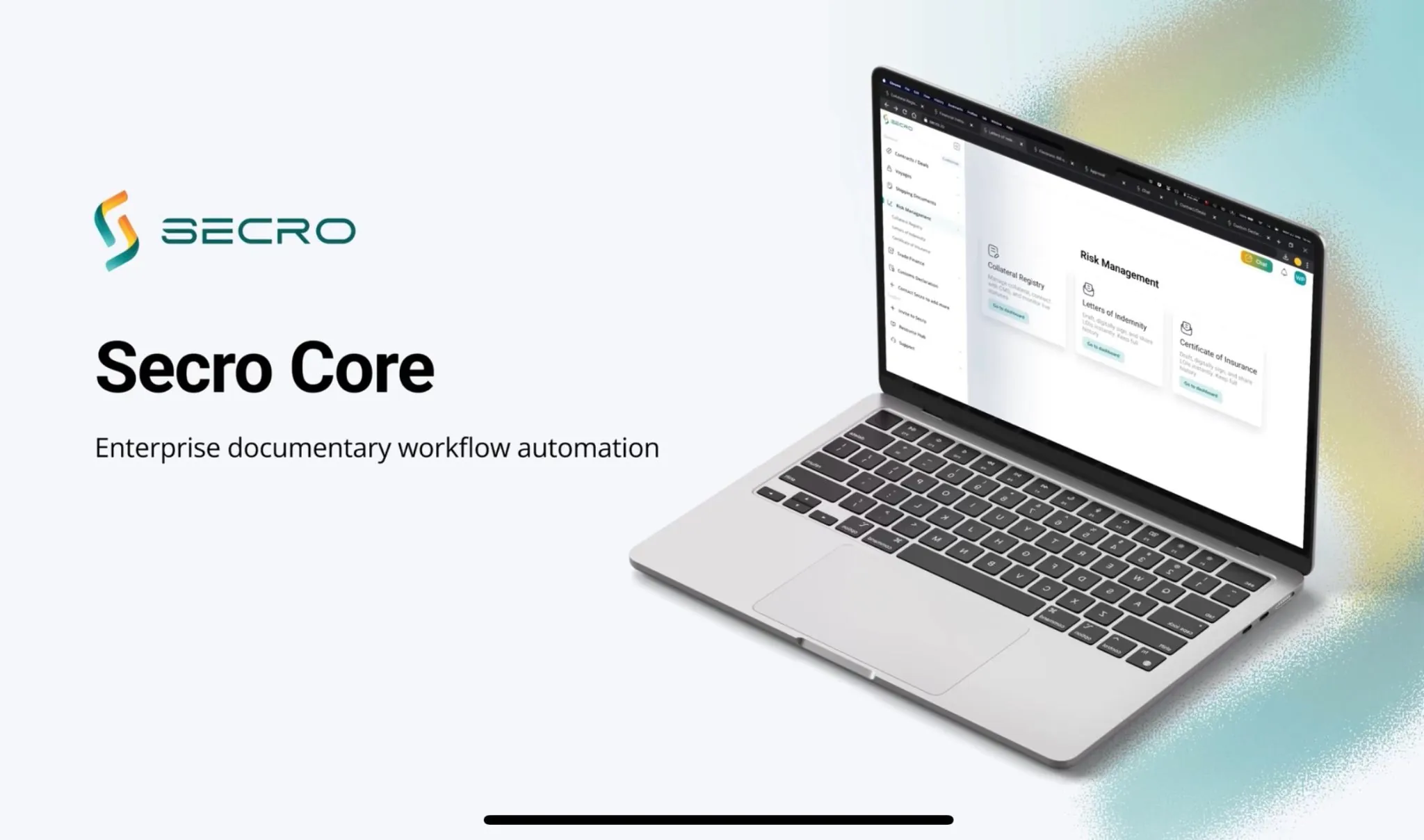 Secro Core workflow automation software displayed on a laptop screen for enterprise document management.