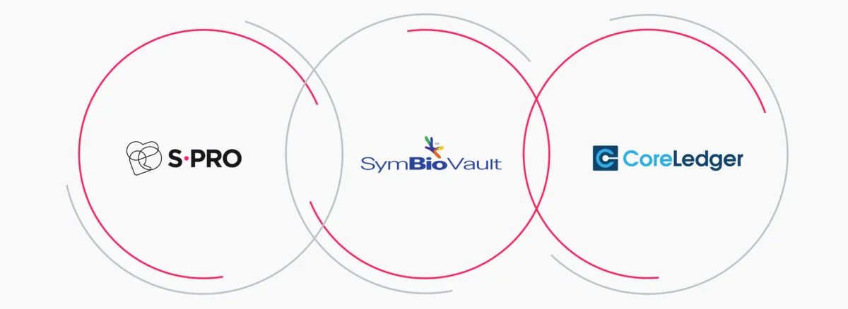 Logos of S-PRO, SymBioVault, and CoreLedger in overlapping circles.