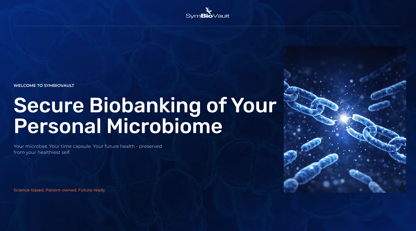 Secure biobanking service for personal microbiomes with futuristic science-backed technology display.