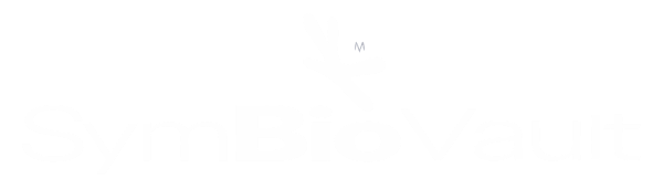 SymBioVault logo with abstract design, representing biology and innovation in white font on a transparent background.