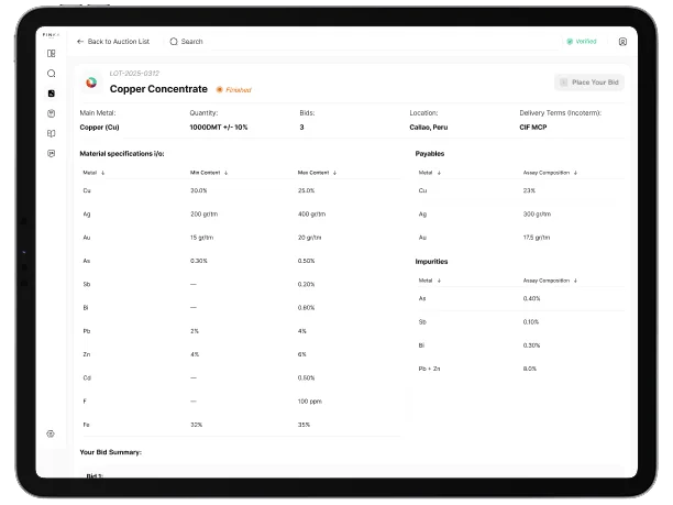 Copper concentrate auction details on tablet screen, including location, bids, and material specifications.